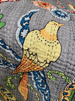 Grey Peacock Embroidered King Size Kantha Bedspread - Nakhrro
