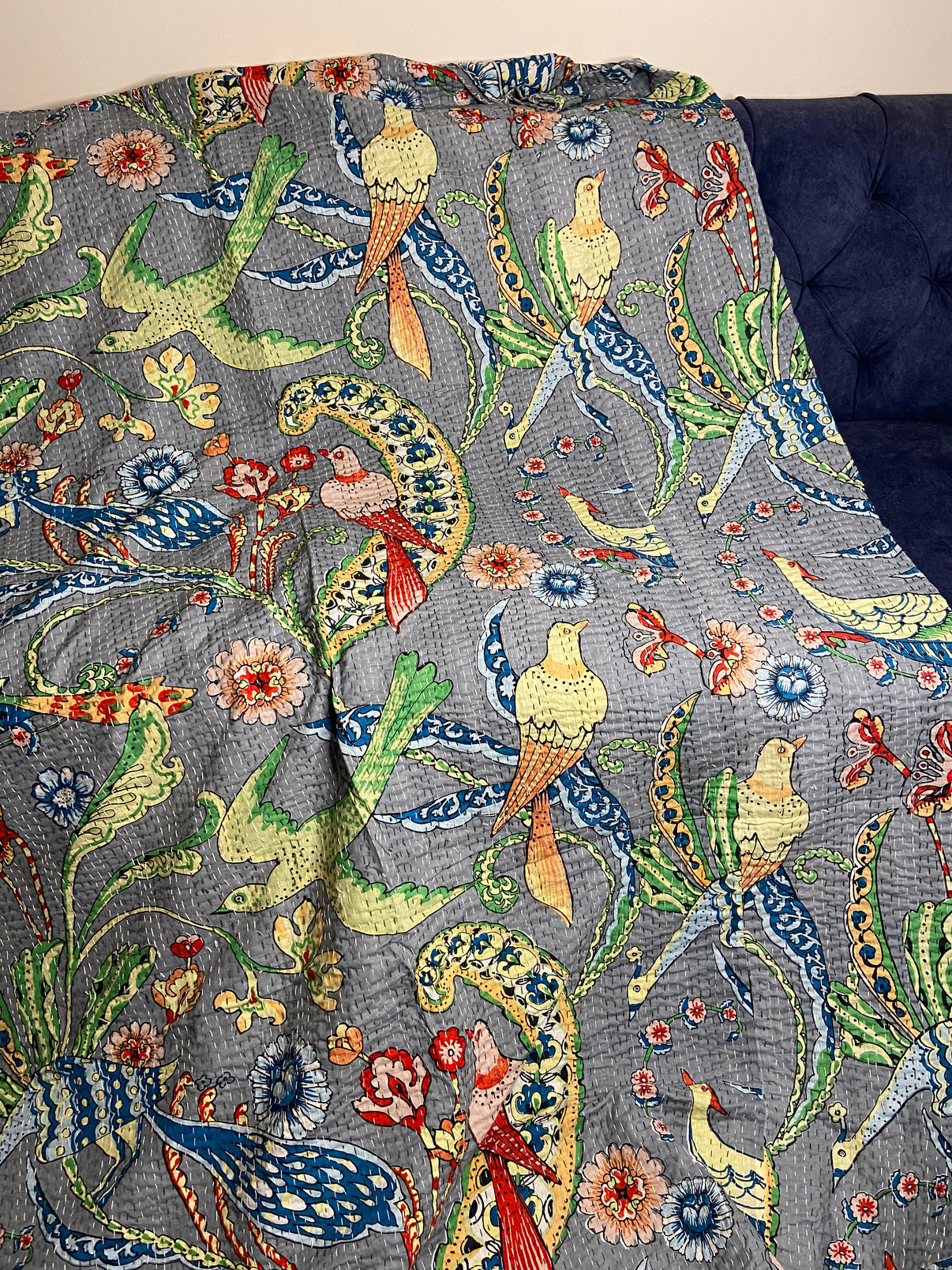 Grey Peacock Embroidered King Size Kantha Bedspread - Nakhrro