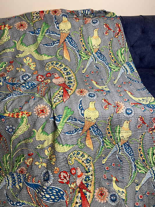 Grey Peacock Embroidered King Size Kantha Bedspread - Nakhrro