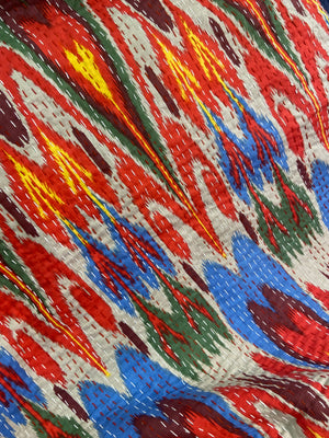 Colourful Ikat Embroidered Queen Size Kantha Bedspread - Nakhrro