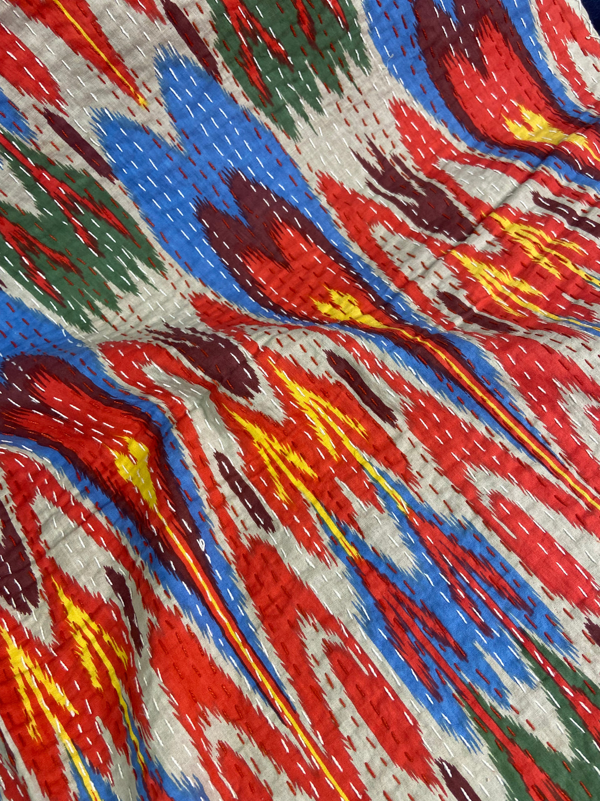 Colourful Ikat Embroidered Queen Size Kantha Bedspread - Nakhrro