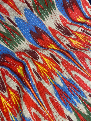 Colourful Ikat Embroidered Queen Size Kantha Bedspread - Nakhrro