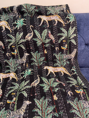 Black Cheetah Jungle Twin Kantha Bedspread - Nakhrro