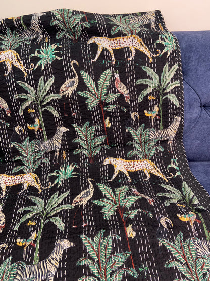 Black Cheetah Jungle Twin Kantha Bedspread - Nakhrro