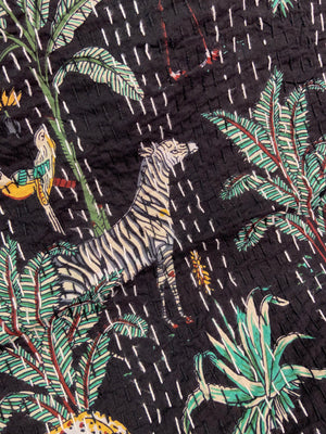Black Cheetah Jungle Twin Kantha Bedspread - Nakhrro