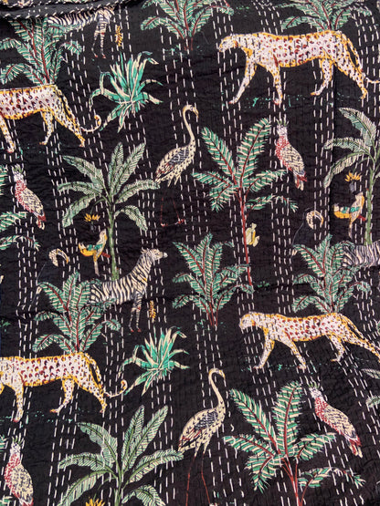 Black Cheetah Jungle Twin Kantha Bedspread - Nakhrro
