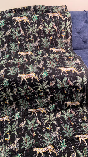 Black Cheetah Jungle Twin Kantha Bedspread - Nakhrro