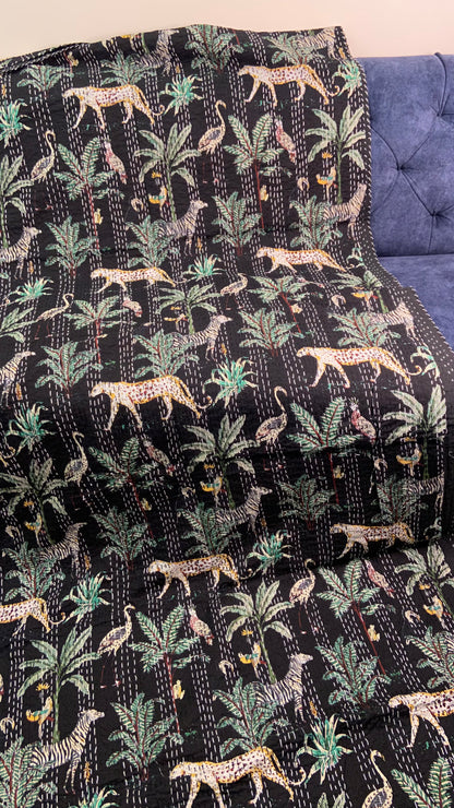 Black Cheetah Jungle Twin Kantha Bedspread - Nakhrro