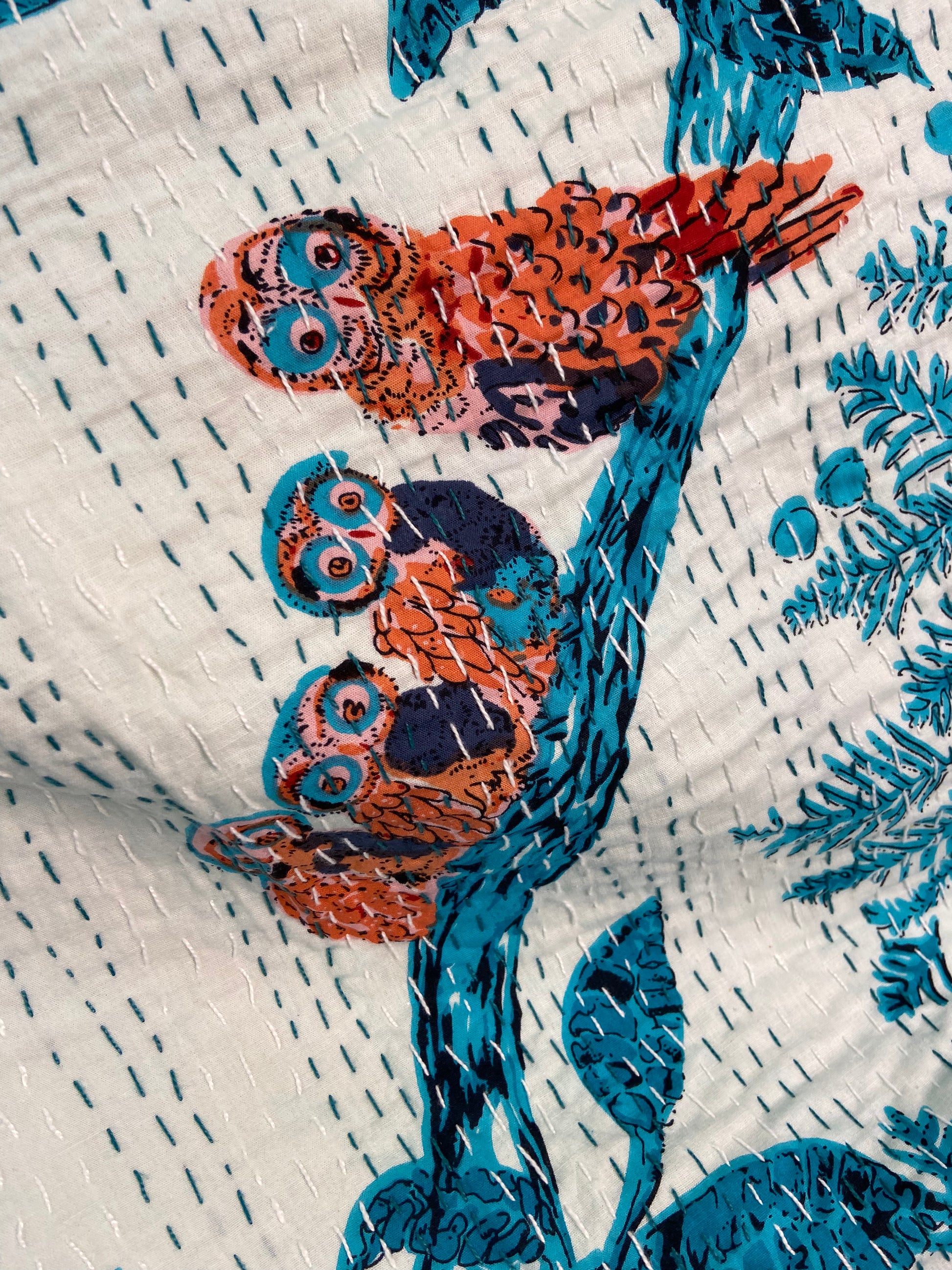 Blue Owl Embroidered Queen Size Kantha Bedspread - Nakhrro