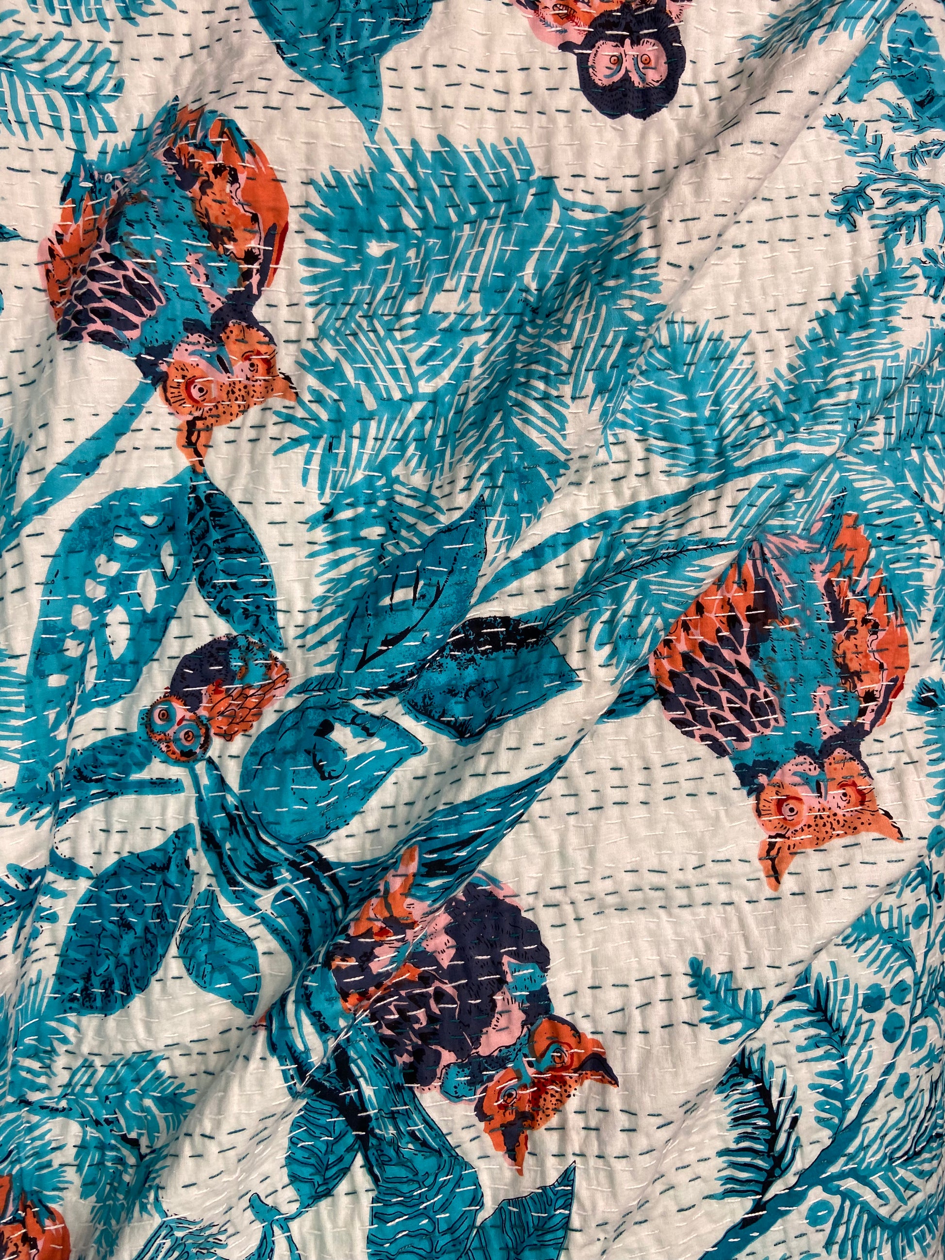 Blue Owl Embroidered Queen Size Kantha Bedspread - Nakhrro