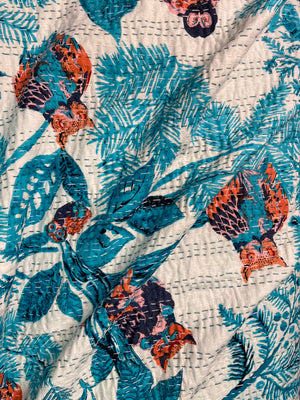 Blue Owl Embroidered Queen Size Kantha Bedspread - Nakhrro