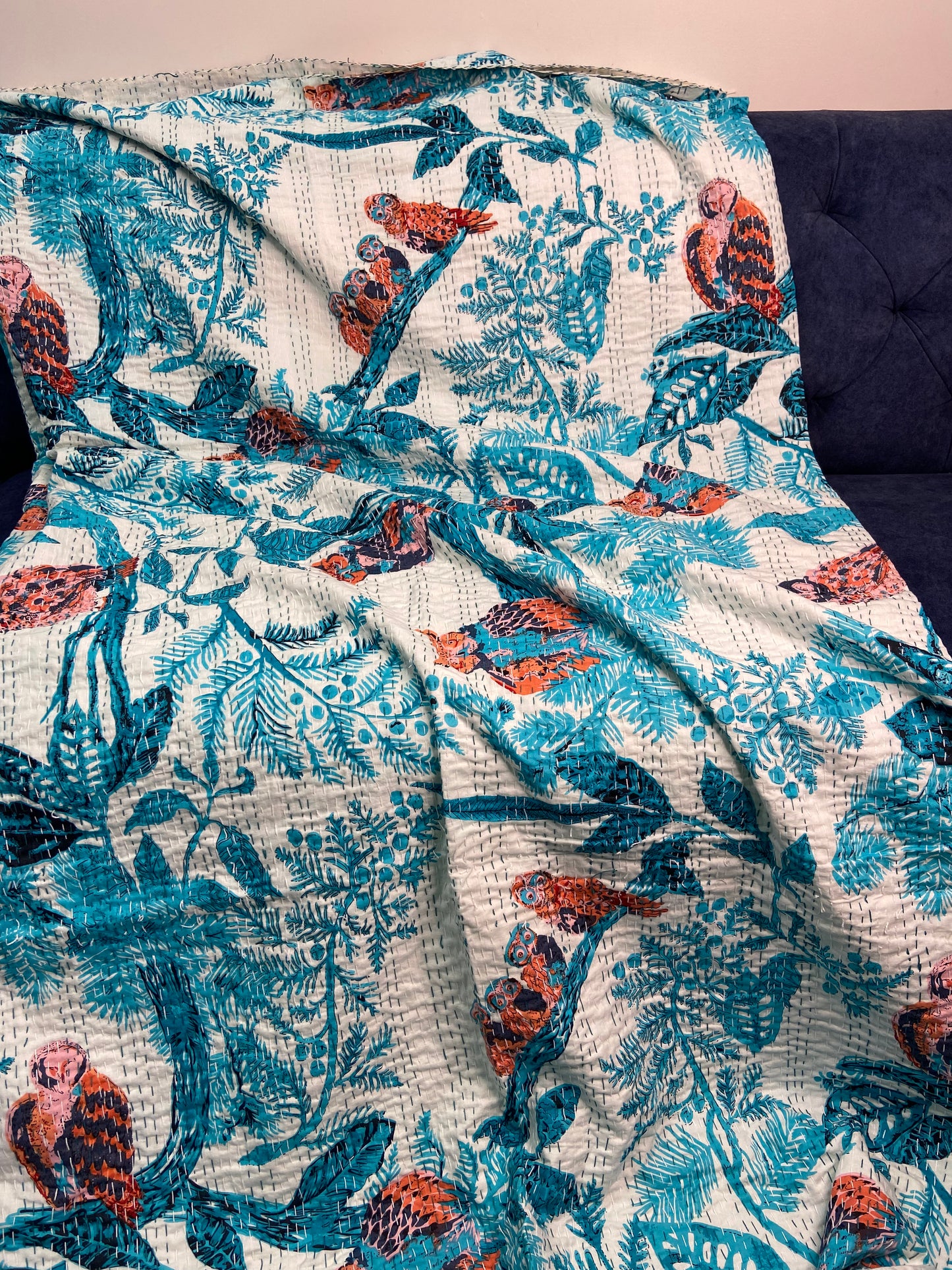 Blue Owl Embroidered Queen Size Kantha Bedspread - Nakhrro