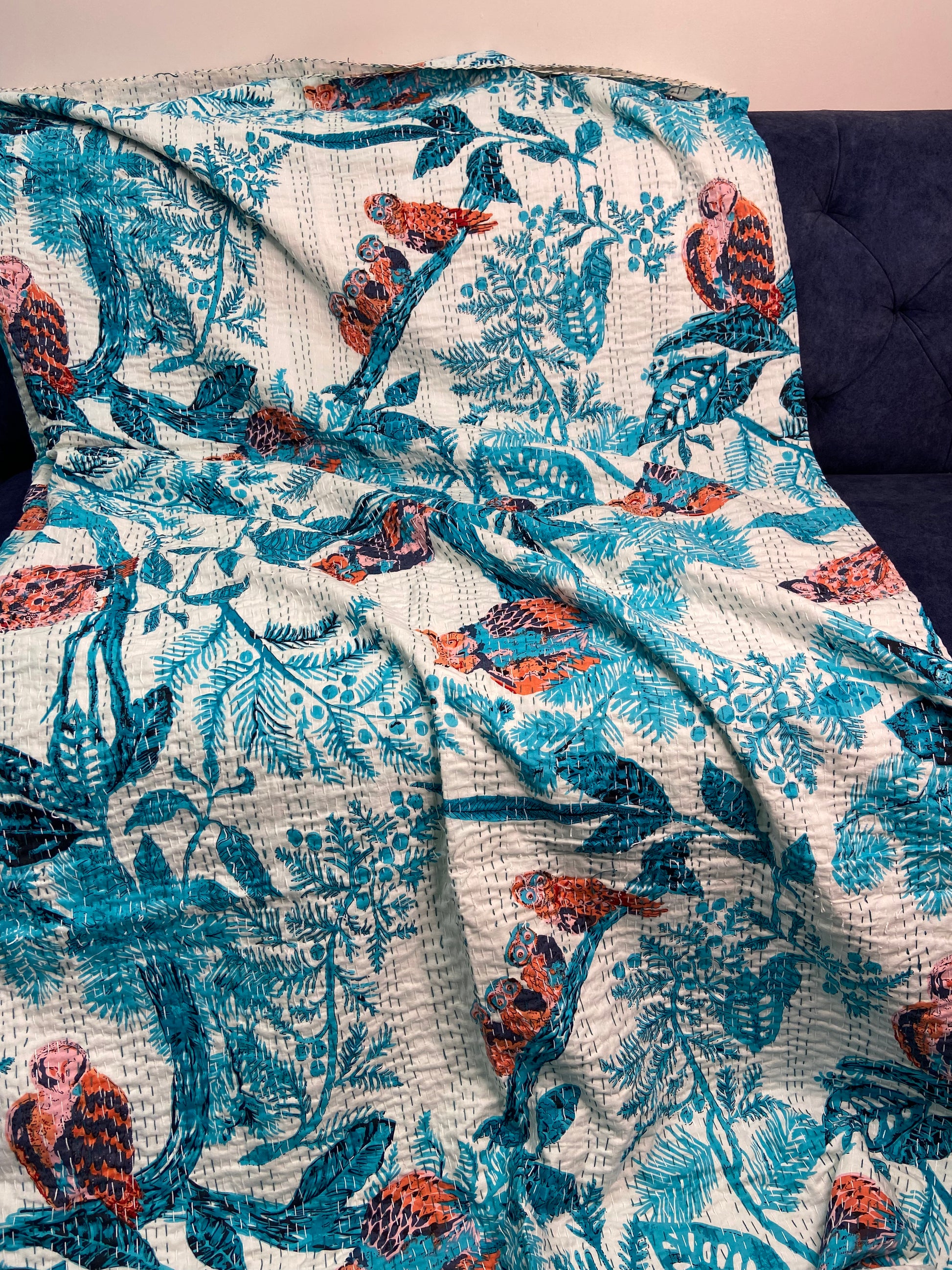 Blue Owl Embroidered Queen Size Kantha Bedspread - Nakhrro
