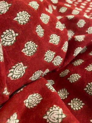Cherry Red Hand Block Printed Mulmul Cotton Cloth - Nakhrro