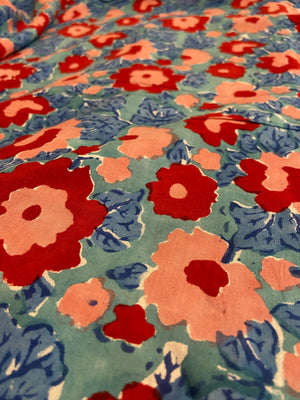 Blue Red Spring Florals Hand Block Printed Mulmul Cotton Cloth - Nakhrro