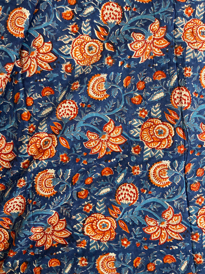 Blue Vineyard Florals Hand Block Printed Mulmul Cotton Cloth - Nakhrro