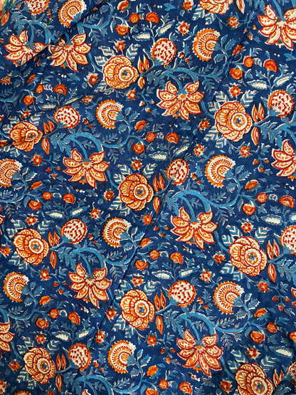 Blue Vineyard Florals Hand Block Printed Mulmul Cotton Cloth - Nakhrro