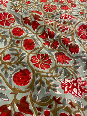 Cherry Red Bloom Floral Hand Block Printed Mulmul Cotton Cloth - Nakhrro