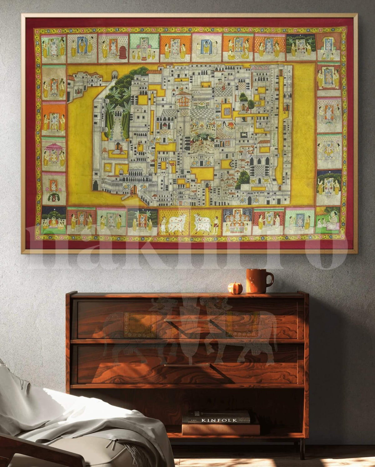 Nathdwara Temple Pichwai painting depicting the Shrinathji Haveli complex with devotional border panels showing Shrinathji swaroops, sacred cows, gopis and Krishna leelas – museum-grade art print by Nakhrro
