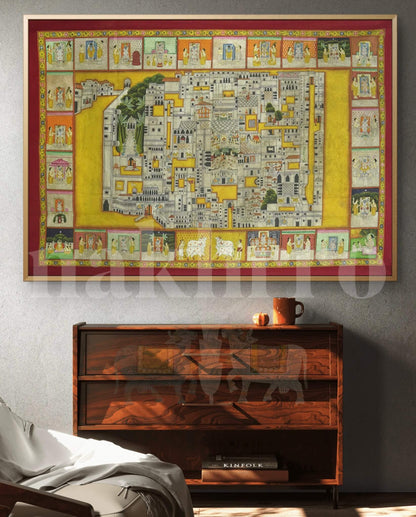 Nathdwara Temple Pichwai painting depicting the Shrinathji Haveli complex with devotional border panels showing Shrinathji swaroops, sacred cows, gopis and Krishna leelas – museum-grade art print by Nakhrro
