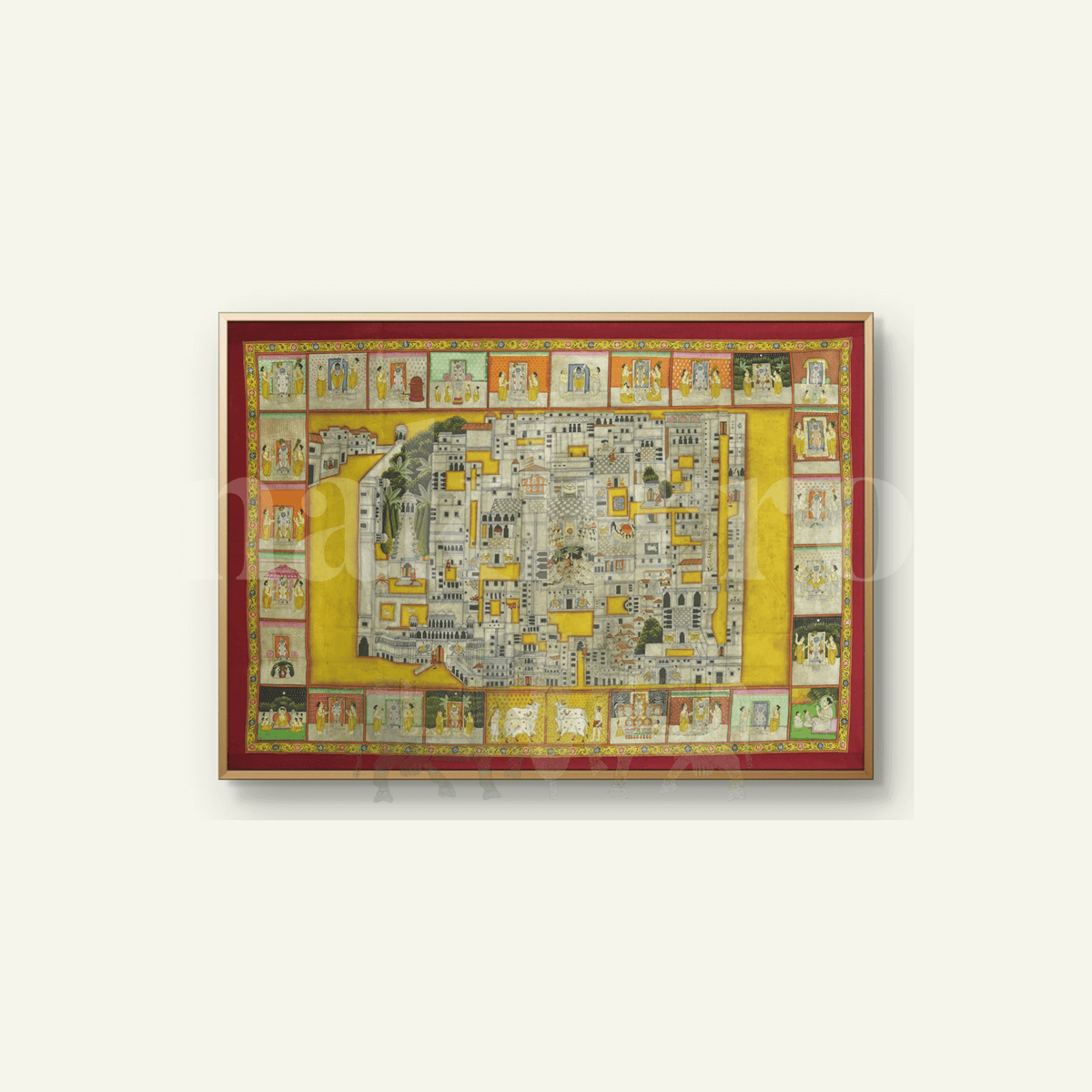 Close-up detail of Nathdwara Pichwai border panels showing Shrinathji swaroops and devotional sc