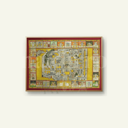 Close-up detail of Nathdwara Pichwai border panels showing Shrinathji swaroops and devotional sc