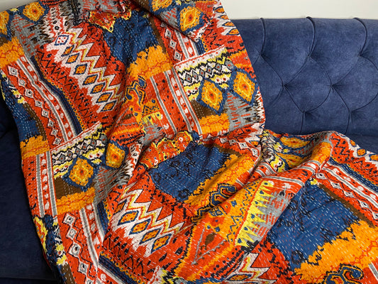 King Size Red Ikat Colourful Kantha Bedspread/Dohar - Nakhrro