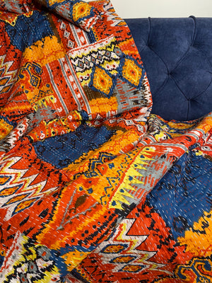 King Size Red Ikat Colourful Kantha Bedspread/Dohar - Nakhrro