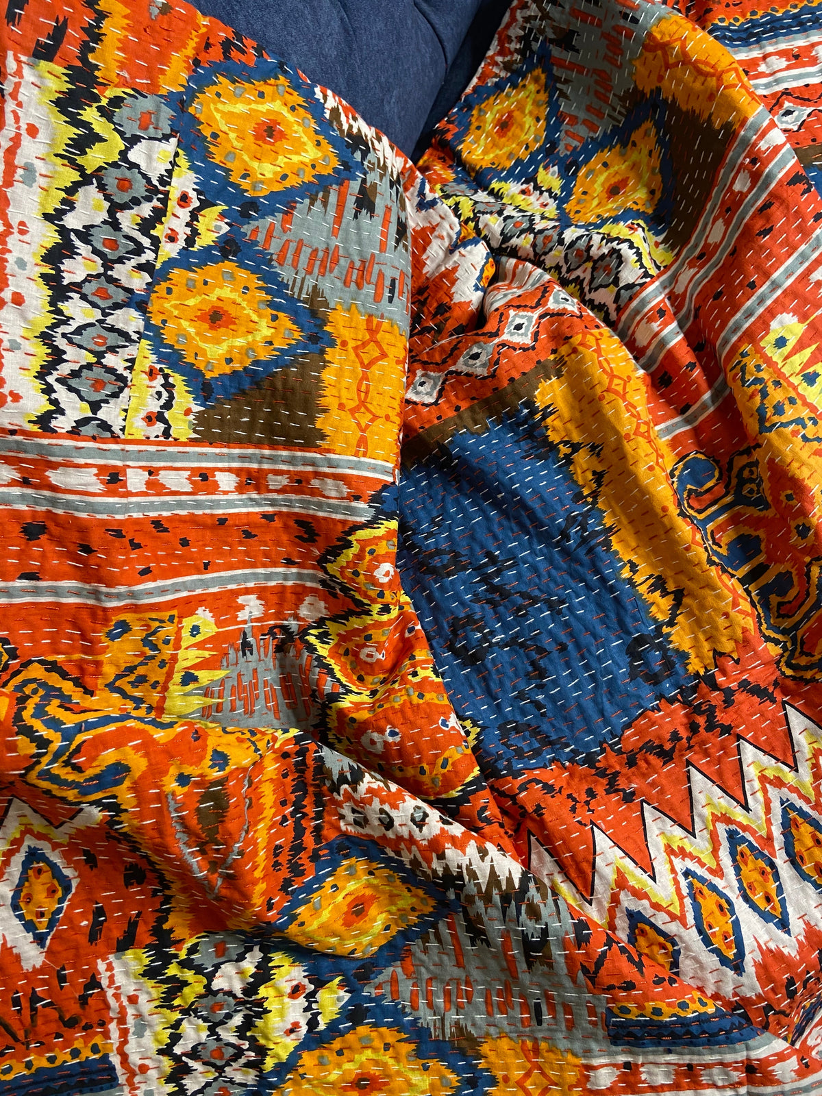 King Size Red Ikat Colourful Kantha Bedspread/Dohar - Nakhrro