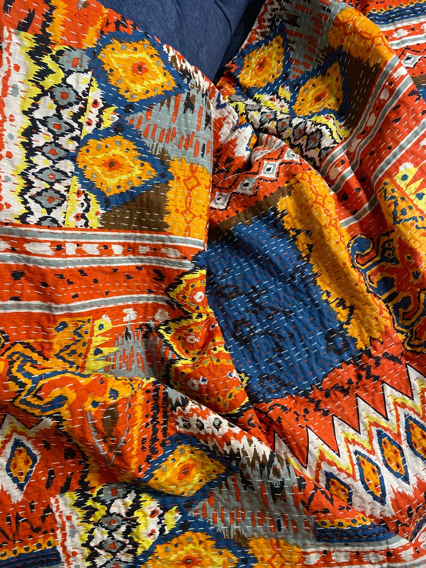 King Size Red Ikat Colourful Kantha Bedspread/Dohar - Nakhrro