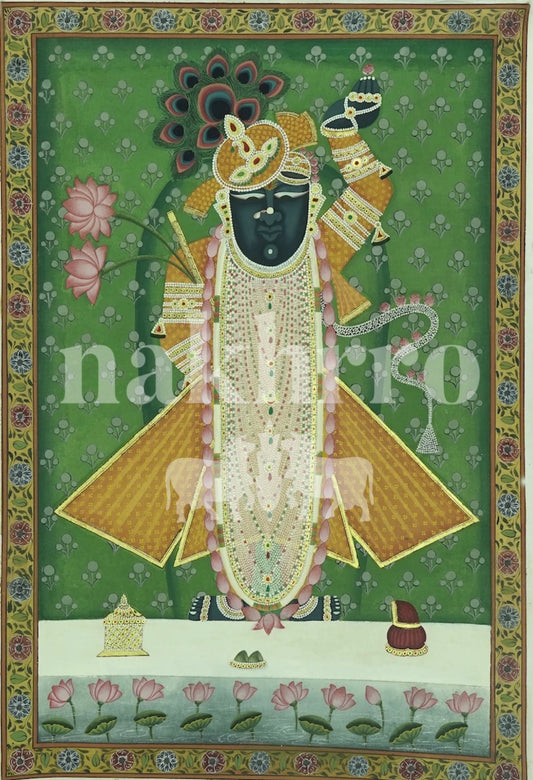 Green Hand-Painted Pichwai of Shrinathji | Traditional Temple Art for Home & Decor