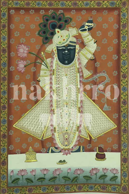 Saffron & Gold Hand-Painted Pichwai of Shrinathji | Traditional Temple Art for Home & Decor
