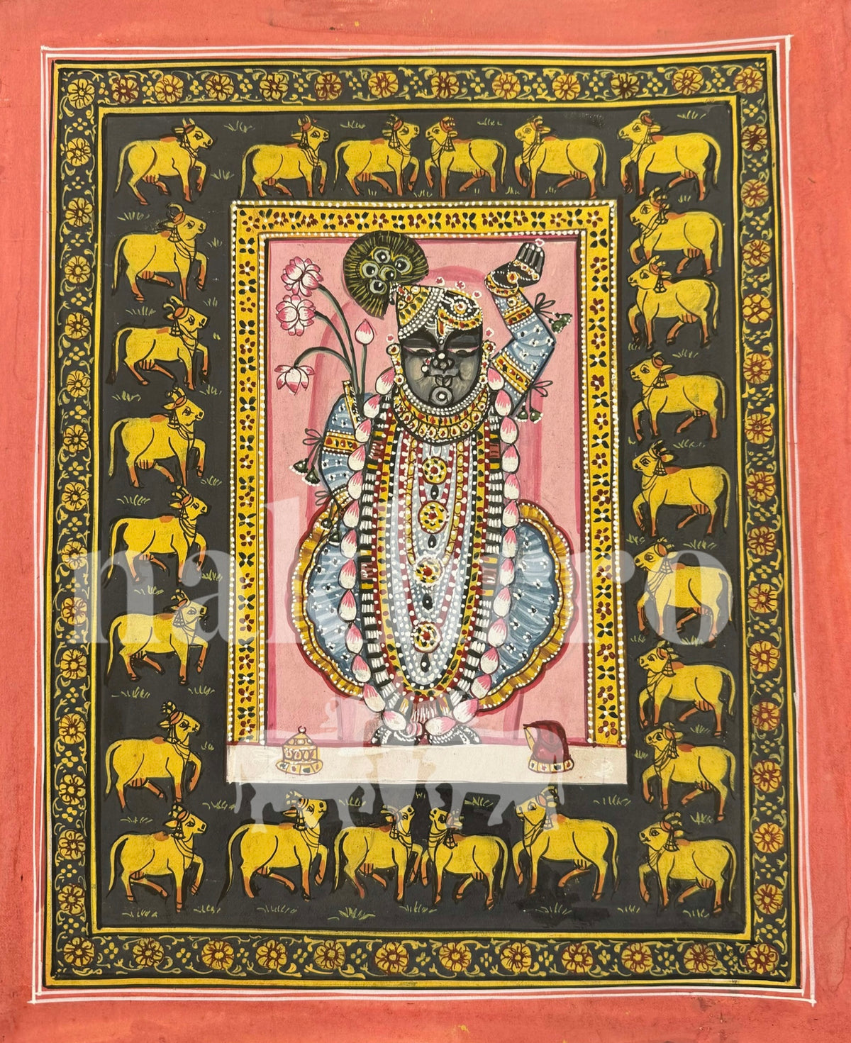 Black Shrinath Ji Around Kamdhenu Pichwai Contemporary Pichwai Antique Finish - Nakhrro