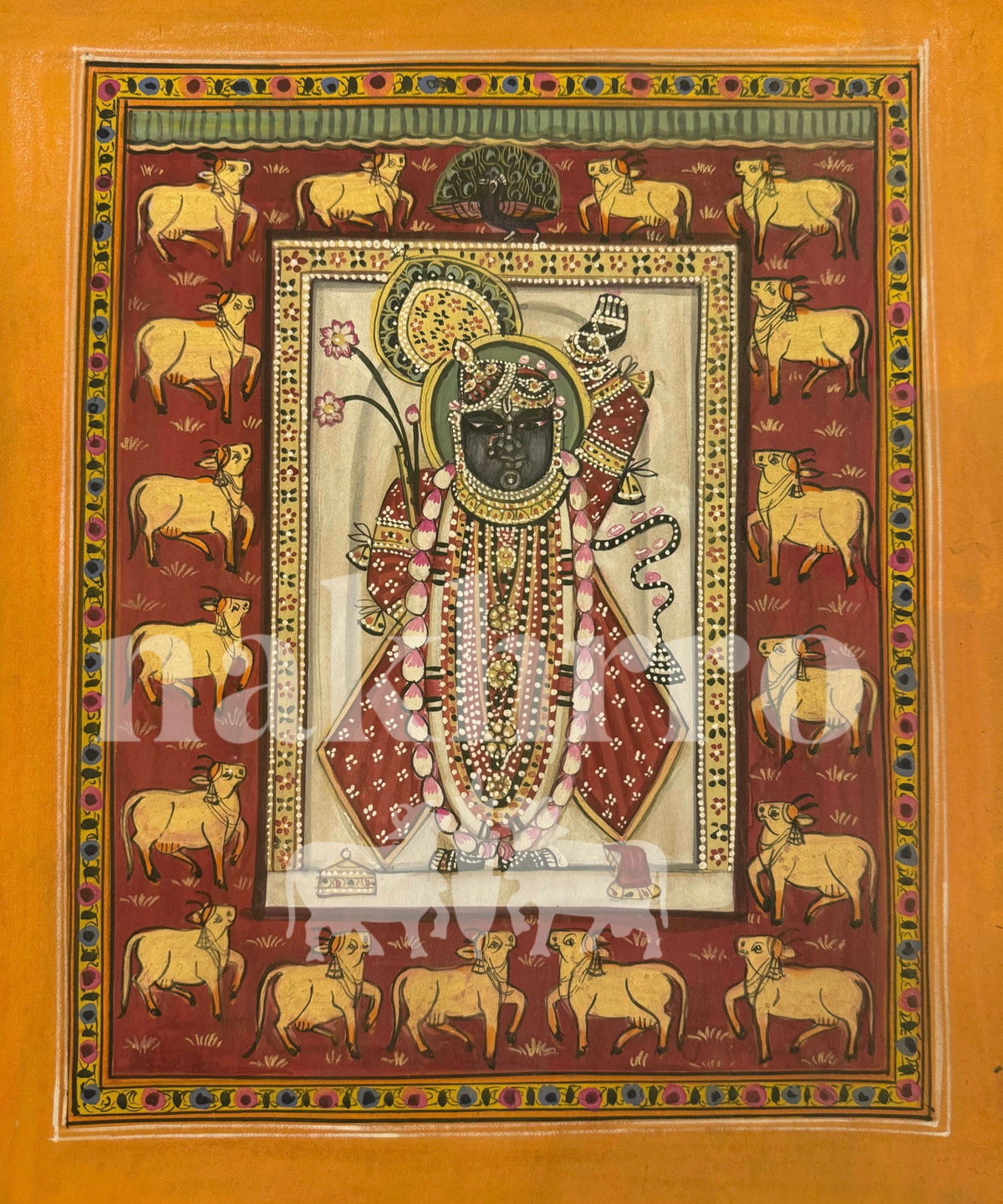 Red Shrinath Ji Around Kamdhenu Pichwai Contemporary Pichwai Antique Finish - Nakhrro