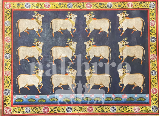Blue Kamdhenu Cow Contemporary Pichwai Antique Finish