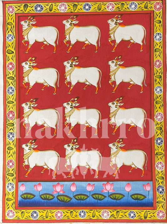 Red Kamdhenu Cow Contemporary  Pichwai Antique Finish