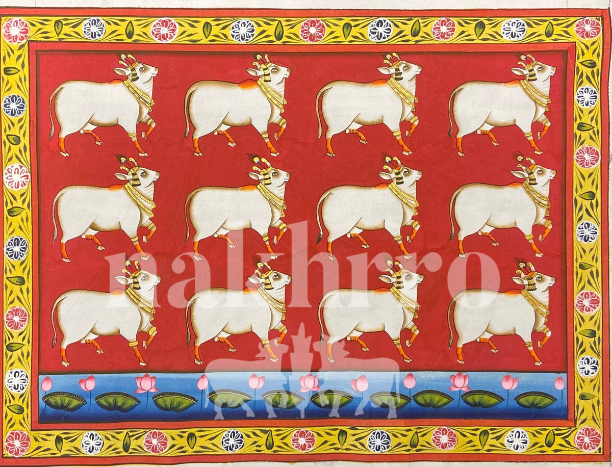 Red Kamdhenu Cow Contemporary Pichwai Antique Finish - Nakhrro