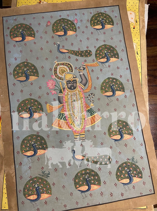 Hand-painted Shrinath Ji Around Peacocks Contemporary Pichwai Antique Finish