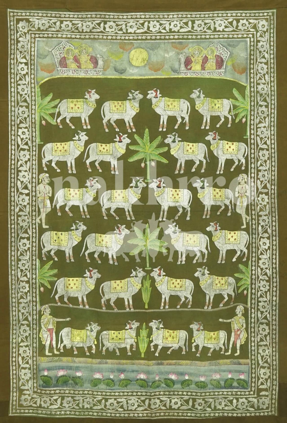 Green Deccan Style Tree Of Life With Cows Pichwai