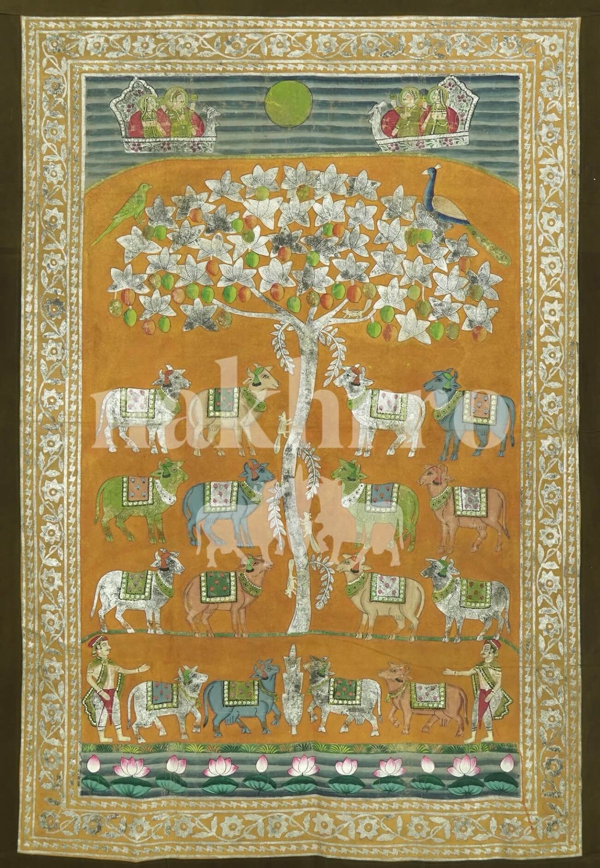Orange Deccan Style Tree Of Life With Cows Pichwai - Nakhrro