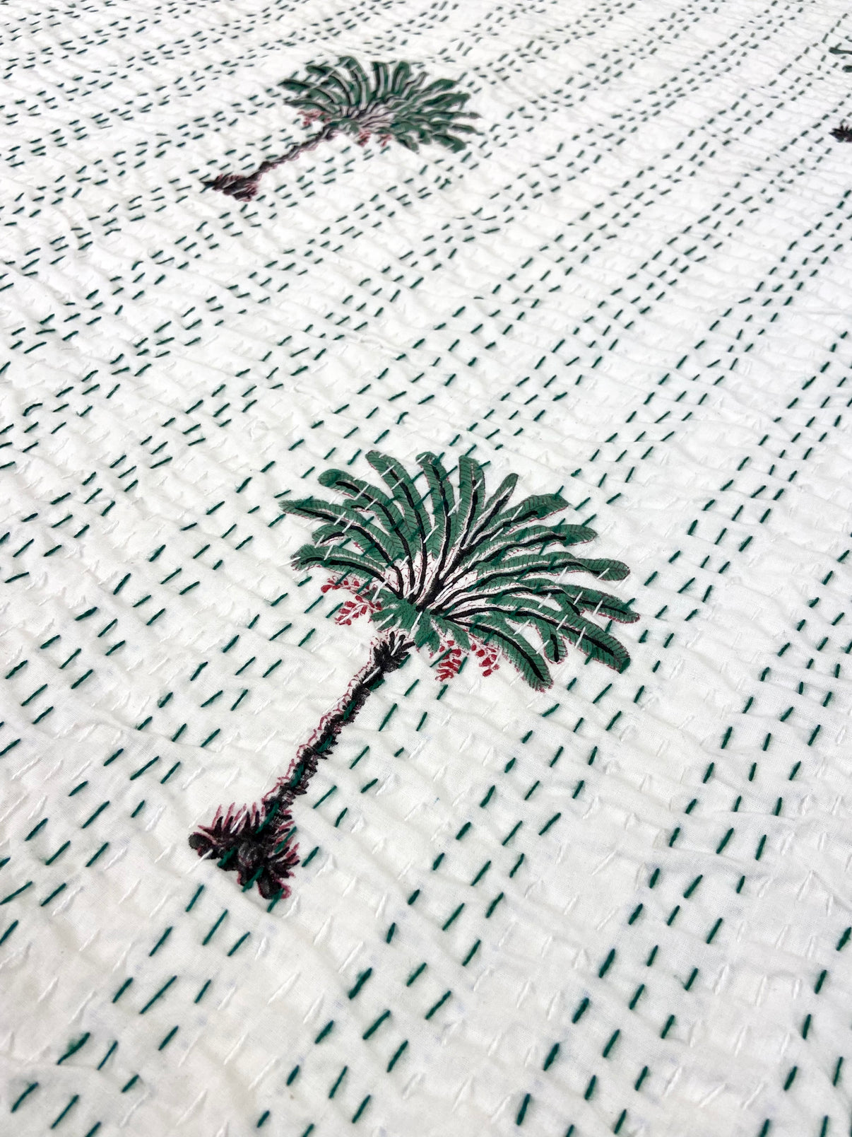 Palm Tree Hand Block Print Double Bed Queen Hand Embroidered Dohar - Nakhrro