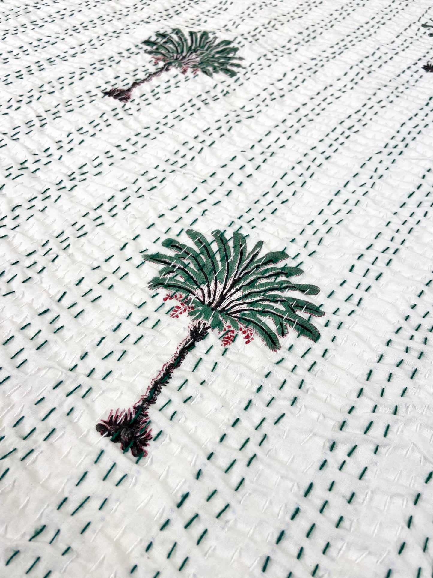 Palm Tree Hand Block Print Double Bed Queen Hand Embroidered Dohar - Nakhrro
