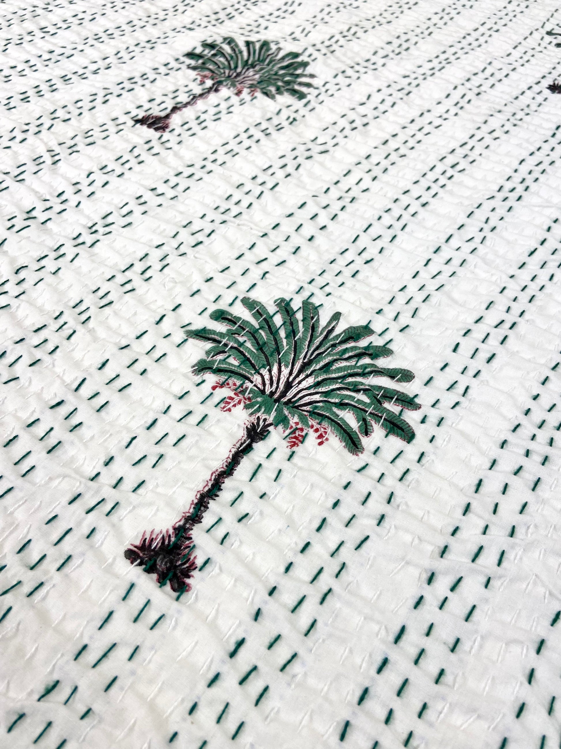 Palm Tree Hand Block Print Double Bed Queen Hand Embroidered Dohar - Nakhrro