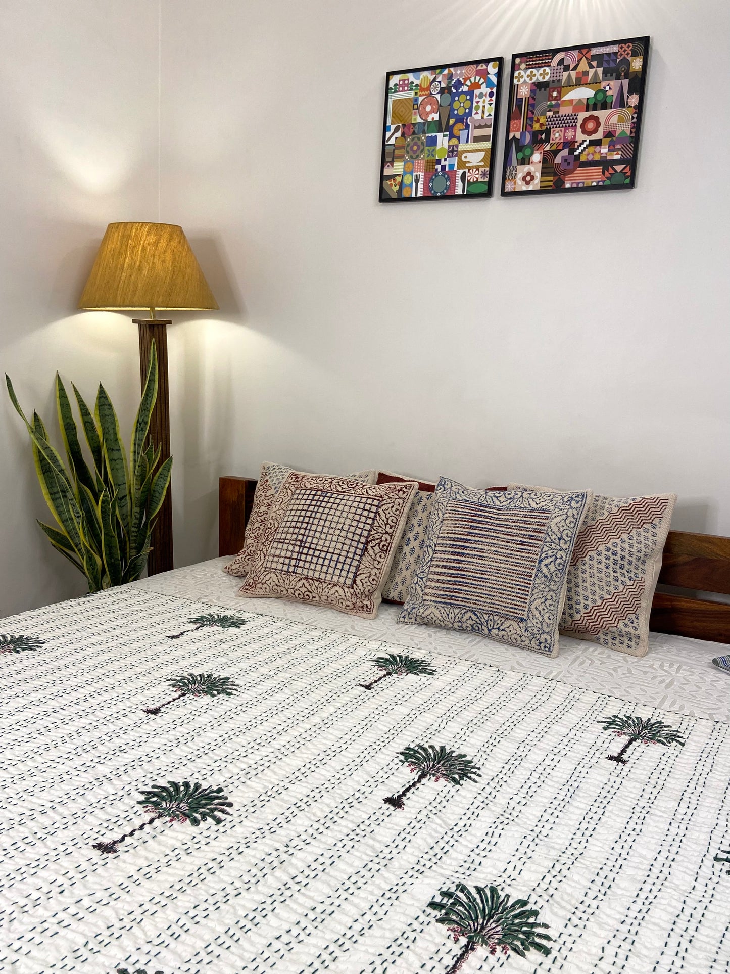 Palm Tree Hand Block Print Double Bed Queen Hand Embroidered Dohar - Nakhrro