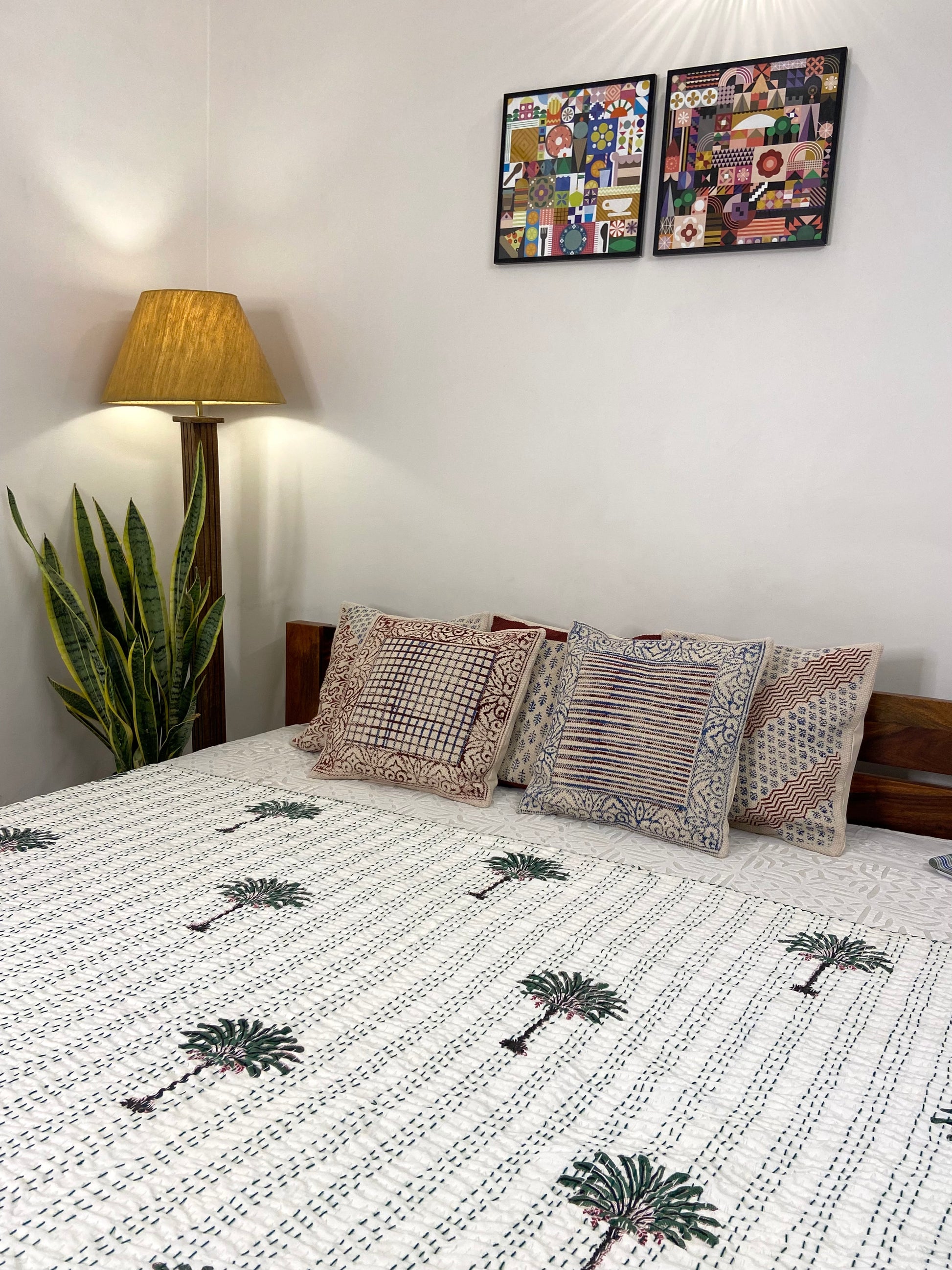Palm Tree Hand Block Print Double Bed Queen Hand Embroidered Dohar - Nakhrro