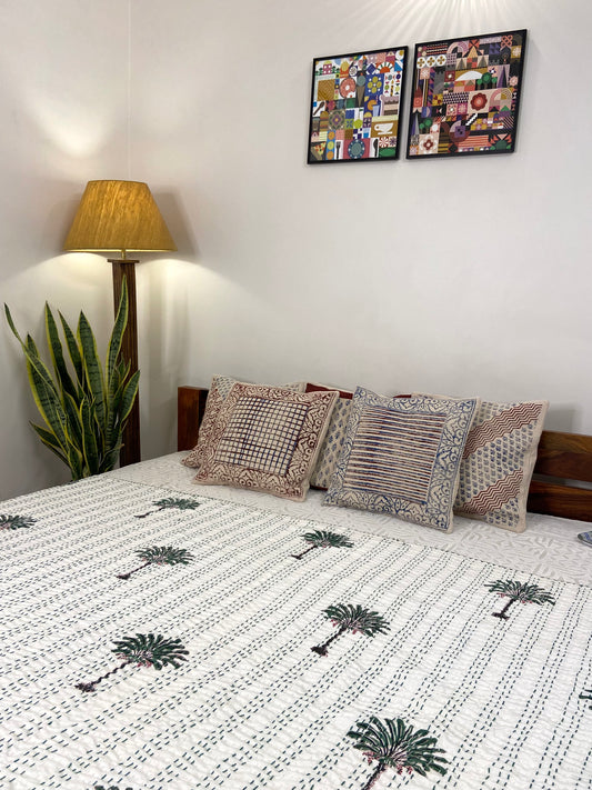 Palm Tree Hand Block Print Double Bed Queen Hand Embroidered Dohar - Nakhrro