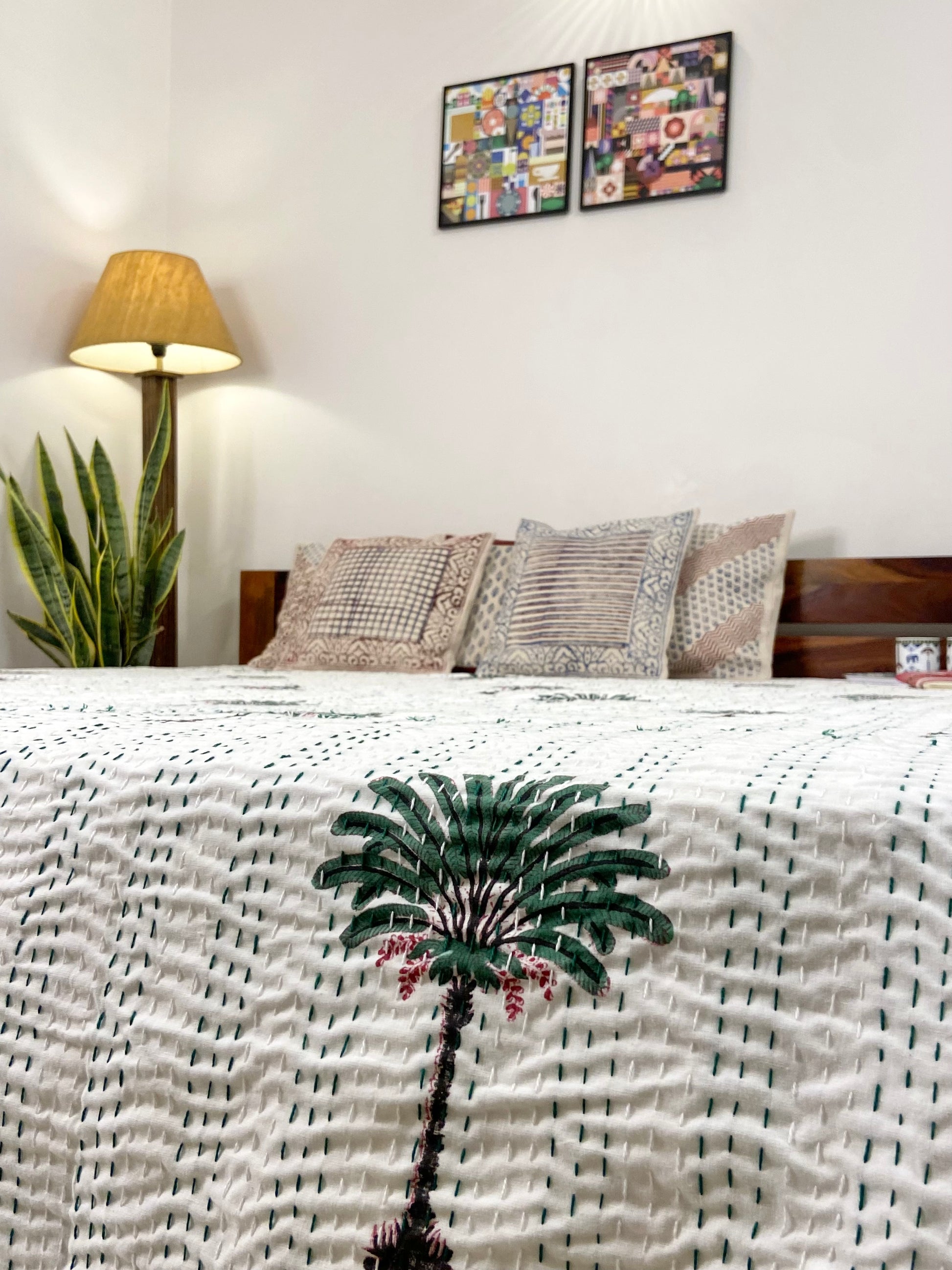 Palm Tree Hand Block Print Double Bed Queen Hand Embroidered Dohar - Nakhrro