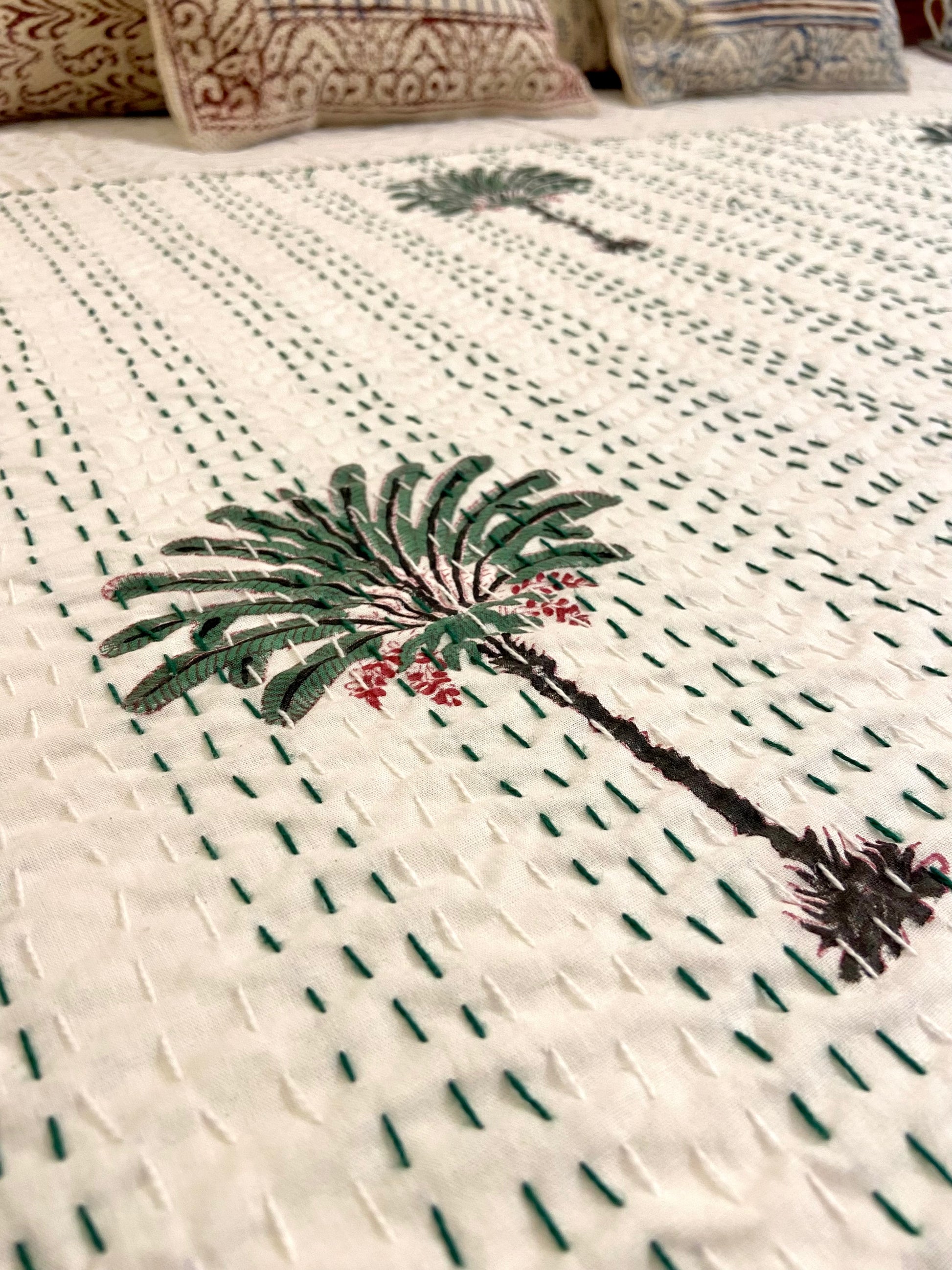 Palm Tree Hand Block Print Double Bed Queen Hand Embroidered Dohar - Nakhrro