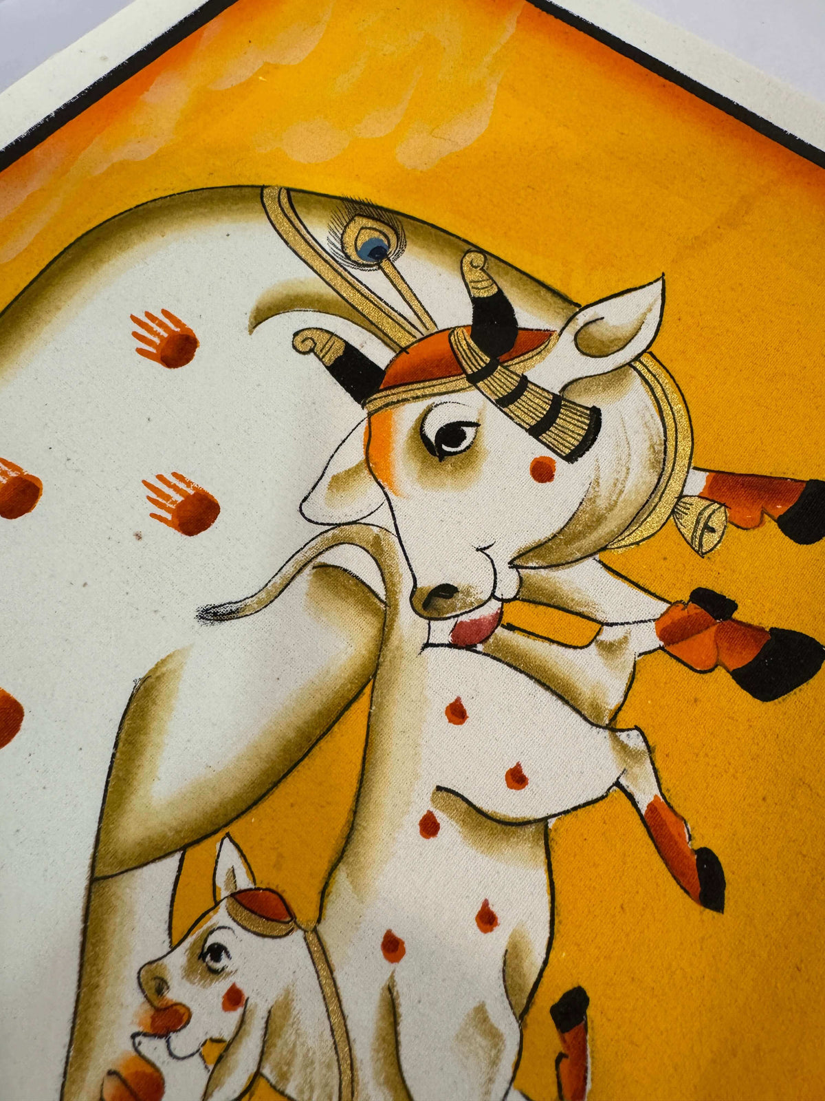 Hand-Painted Sacred Cow and Calf Original Pichwai Painting in Yellow — product view 5