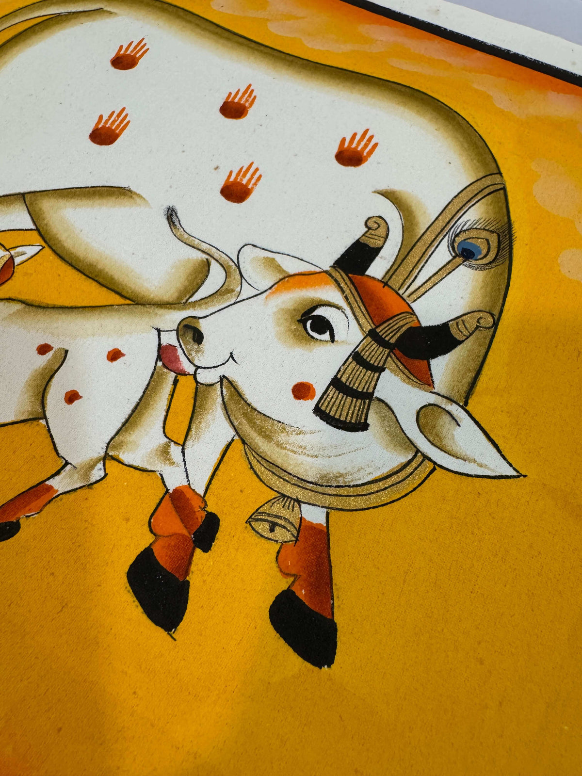Hand-Painted Sacred Cow and Calf Original Pichwai Painting in Yellow — product view 2